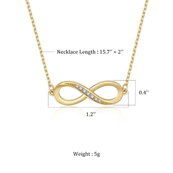 Medidas del collar de infinito, dije de 1.2 x 0.4 in, cadena de 15.7 in más extensión de 2 in, 5 g