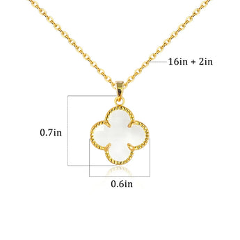 Four-leaf clover necklace size diagram showing a 16 in plus 2 in chain and a 0.7 in by 0.6 in pendant