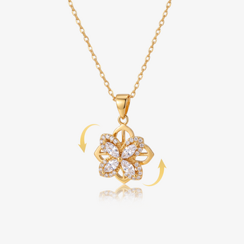 Gold-tone rotatable four-leaf clover pendant necklace with clear stones, arrows showing rotation