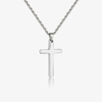 Silver-tone cross pendant necklace on a twisted rope chain on a light background