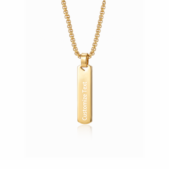 Gold-tone engraved bar pendant necklace with Customize Text sample engraving, front view