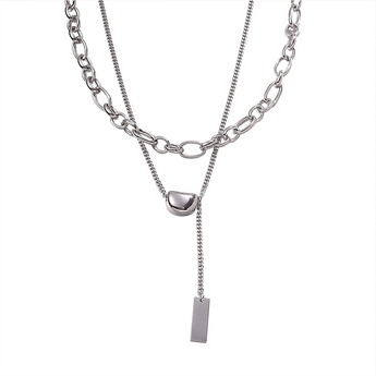 Silver-tone layered bar pendant necklace without engraving on a white background