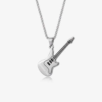 Silver-tone guitar pendant necklace with Customize Text sample engraving
