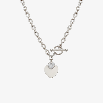 Collar de corazón plateado con cierre de palanca y corazón pavé, sin grabado