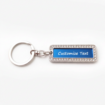Blue rectangular custom engraved keychain with crystal border
