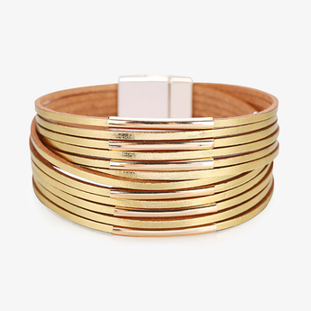 Gold-tone multilayer slim strand bracelet with metal bar accents on light background