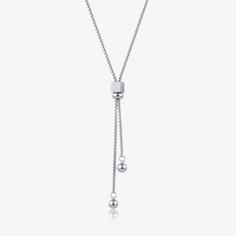 Silver-tone adjustable slider chain necklace with a cube slider and two ball ends on a white background