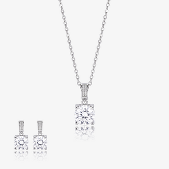 Silver-tone round stone pendant necklace and matching drop earrings set
