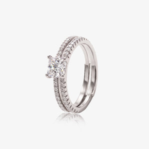 Silver-tone square cubic zirconia double band open ring on white background