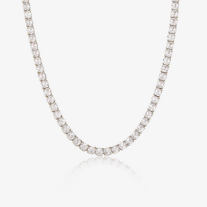 Silver-tone tennis necklace with a row of clear stones on a white background